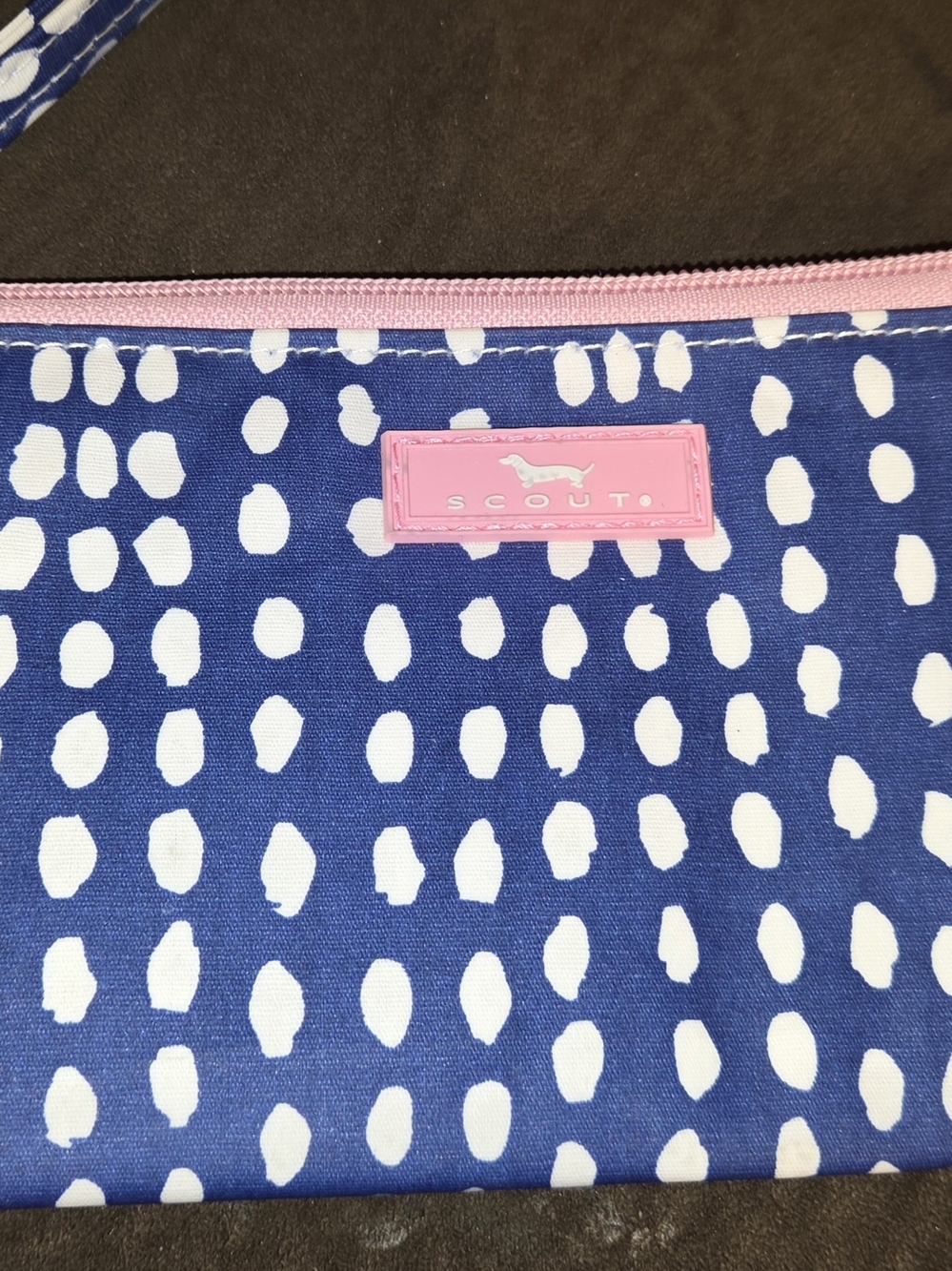 Scout Brand Blue & White Dot Bottoms Wristlet with Pink‎ Trim